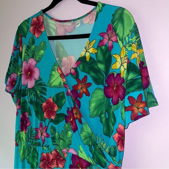 Susan Graver QVC Size L Liquid Knit Faux Wrap Dress in Green Tropical - Picture 3 of 10